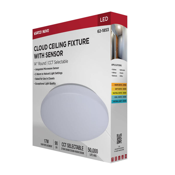 Flush Mount Nuvo 62-1853 14 Inch LED Cloud Fixture with Sensor - 17 Watts - 27K/30K/35K/40K/50K CCT Selectable - Round Shape - White Finish - 120 Volt Nuvo