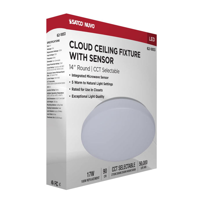 Flush Mount Nuvo 62-1853 14 Inch LED Cloud Fixture with Sensor - 17 Watts - 27K/30K/35K/40K/50K CCT Selectable - Round Shape - White Finish - 120 Volt Nuvo