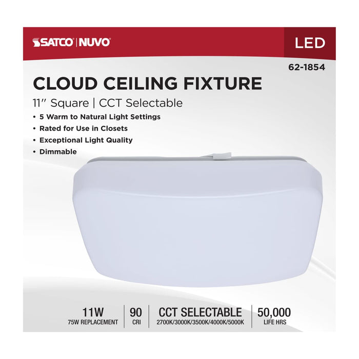 Flush Mount Nuvo 62-1854 11 Inch LED Cloud Fixture - 11 Watts - 27K/30K/35K/40K/50K CCT Selectable - Square Shape - White Finish - 120 Volt Nuvo