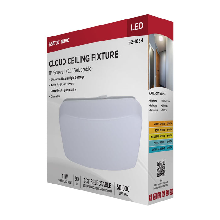 Flush Mount Nuvo 62-1854 11 Inch LED Cloud Fixture - 11 Watts - 27K/30K/35K/40K/50K CCT Selectable - Square Shape - White Finish - 120 Volt Nuvo