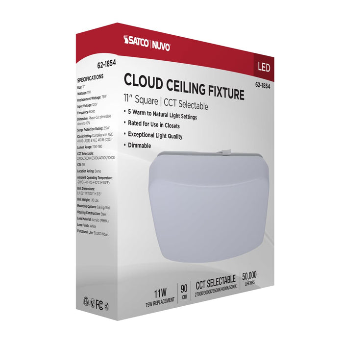 Flush Mount Nuvo 62-1854 11 Inch LED Cloud Fixture - 11 Watts - 27K/30K/35K/40K/50K CCT Selectable - Square Shape - White Finish - 120 Volt Nuvo