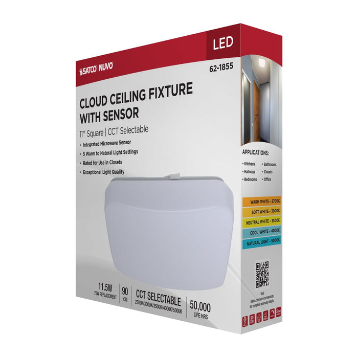 Flush Mount Nuvo 62-1855 11 Inch LED Cloud Fixture with Sensor - 11.5 Watts - 27K/30K/35K/40K/50K CCT Selectable - Square Shape - White Finish - 120 Volt Nuvo