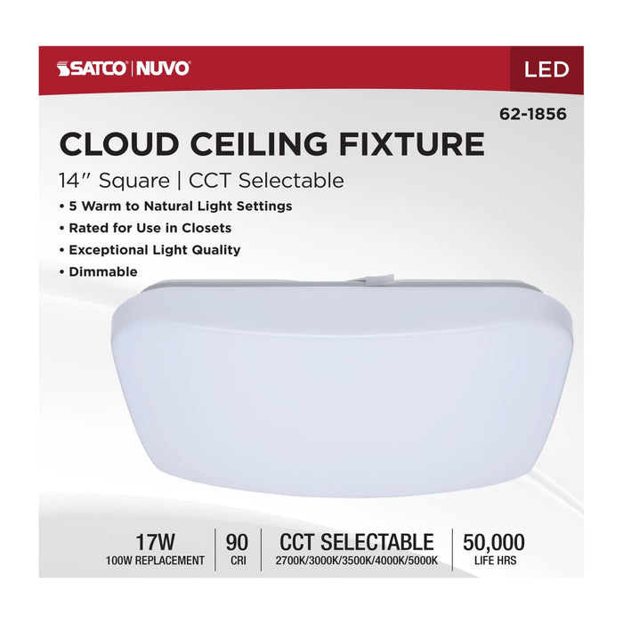 Flush Mount Nuvo 62-1856 14 Inch LED Cloud Fixture - 17 Watts - 27K/30K/35K/40K/50K CCT Selectable - Square Shape - White Finish - 120 Volt Nuvo