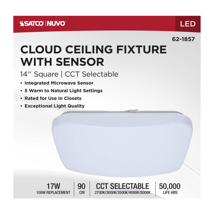 Flush Mount Nuvo 62-1857 14 Inch LED Cloud Fixture with Sensor - 17 Watts - 27K/30K/35K/40K/50K CCT Selectable - Square Shape - White Finish - 120 Volt Nuvo