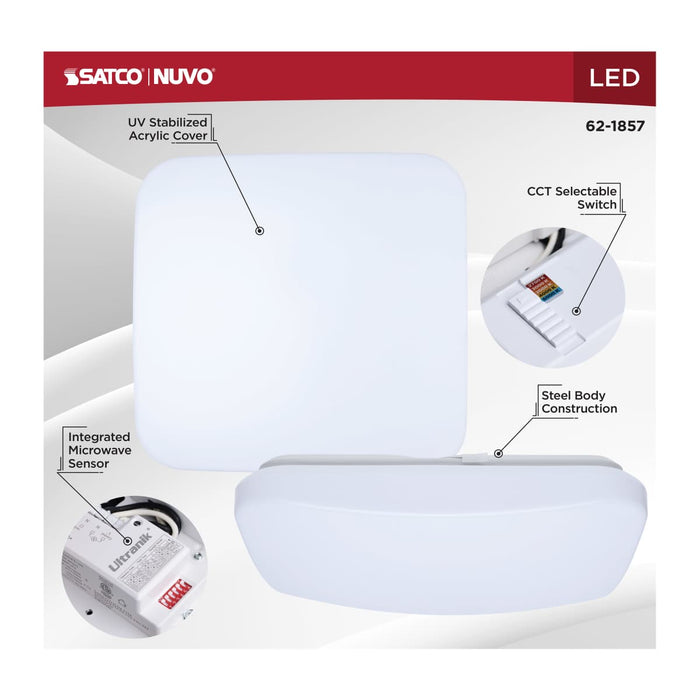 Flush Mount Nuvo 62-1857 14 Inch LED Cloud Fixture with Sensor - 17 Watts - 27K/30K/35K/40K/50K CCT Selectable - Square Shape - White Finish - 120 Volt Nuvo