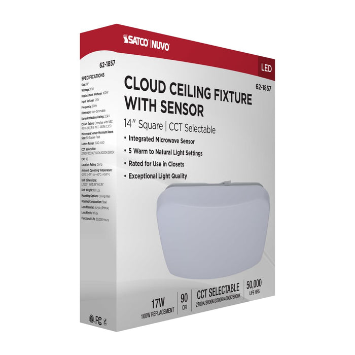 Flush Mount Nuvo 62-1857 14 Inch LED Cloud Fixture with Sensor - 17 Watts - 27K/30K/35K/40K/50K CCT Selectable - Square Shape - White Finish - 120 Volt Nuvo