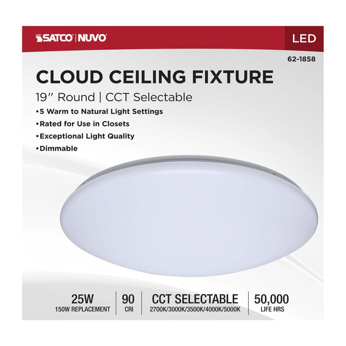 Flush Mount Nuvo 62-1858 19 Inch LED Cloud Fixture - 25 Watts - 27K/30K/35K/40K/50K CCT Selectable - Round Shape - White Finish - 120 Volt Nuvo