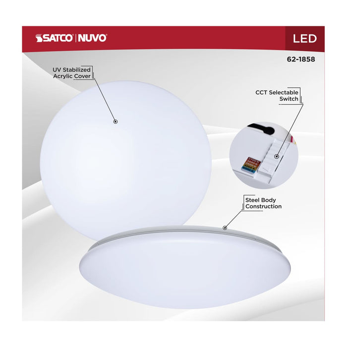Flush Mount Nuvo 62-1858 19 Inch LED Cloud Fixture - 25 Watts - 27K/30K/35K/40K/50K CCT Selectable - Round Shape - White Finish - 120 Volt Nuvo