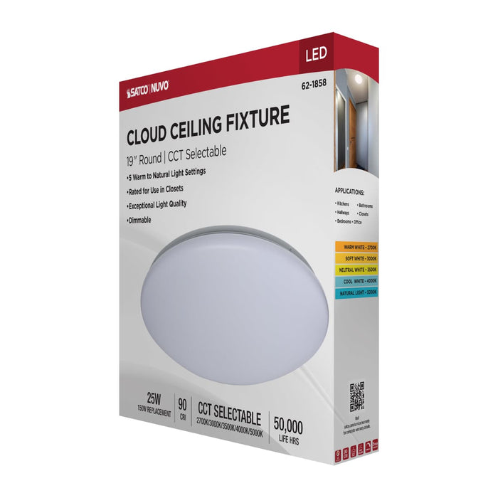Flush Mount Nuvo 62-1858 19 Inch LED Cloud Fixture - 25 Watts - 27K/30K/35K/40K/50K CCT Selectable - Round Shape - White Finish - 120 Volt Nuvo