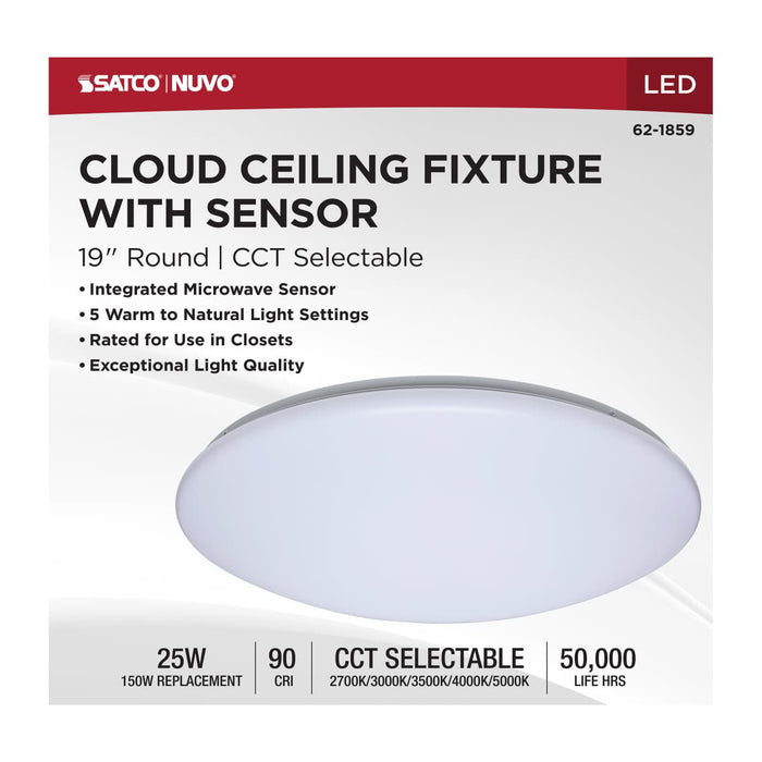 Flush Mount Nuvo 62-1859 19 Inch LED Cloud Fixture with Sensor - 25 Watts - 27K/30K/35K/40K/50K CCT Selectable - Round Shape - White Finish - 120 Volt Nuvo