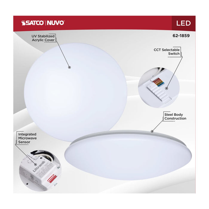 Flush Mount Nuvo 62-1859 19 Inch LED Cloud Fixture with Sensor - 25 Watts - 27K/30K/35K/40K/50K CCT Selectable - Round Shape - White Finish - 120 Volt Nuvo