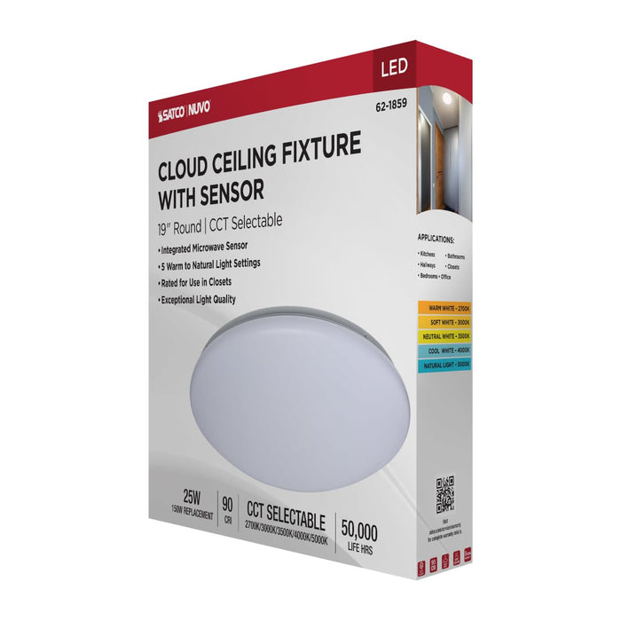Flush Mount Nuvo 62-1859 19 Inch LED Cloud Fixture with Sensor - 25 Watts - 27K/30K/35K/40K/50K CCT Selectable - Round Shape - White Finish - 120 Volt Nuvo