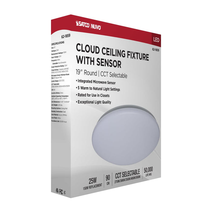 Flush Mount Nuvo 62-1859 19 Inch LED Cloud Fixture with Sensor - 25 Watts - 27K/30K/35K/40K/50K CCT Selectable - Round Shape - White Finish - 120 Volt Nuvo