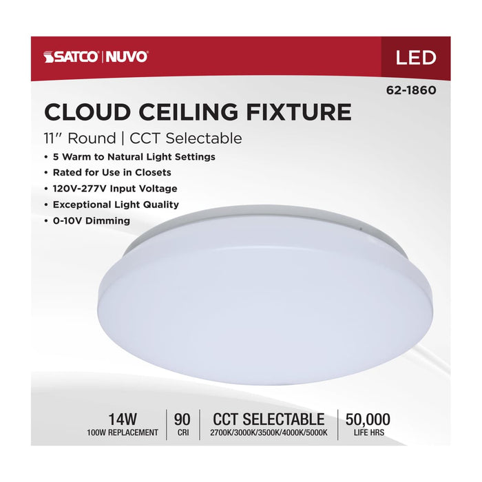 Flush Mount Nuvo 62-1860 11 Inch LED Cloud Fixture - 14 Watts - 27K/30K/35K/40K/50K CCT Selectable - White Finish - Round Shape - 120-277 Ranged Voltage Nuvo