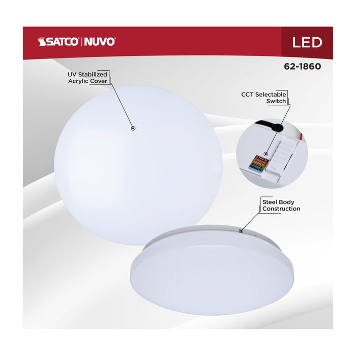 Flush Mount Nuvo 62-1860 11 Inch LED Cloud Fixture - 14 Watts - 27K/30K/35K/40K/50K CCT Selectable - White Finish - Round Shape - 120-277 Ranged Voltage Nuvo