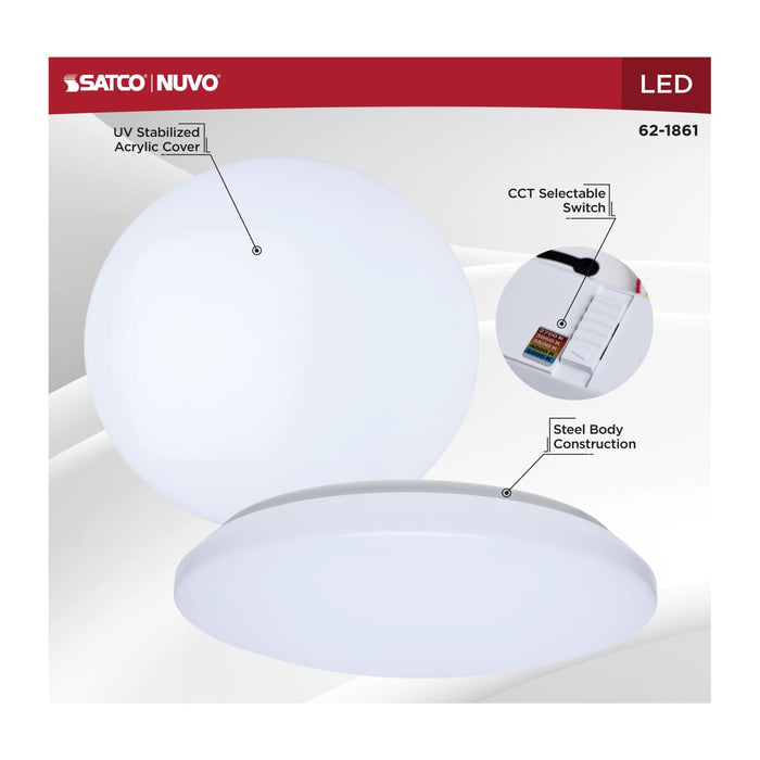 Flush Mount Nuvo 62-1861 14 Inch LED Cloud Fixture - 17 Watts - 27K/30K/35K/40K/50K CCT Selectable - White Finish - Round Shape - 120-277 Ranged Voltage Nuvo