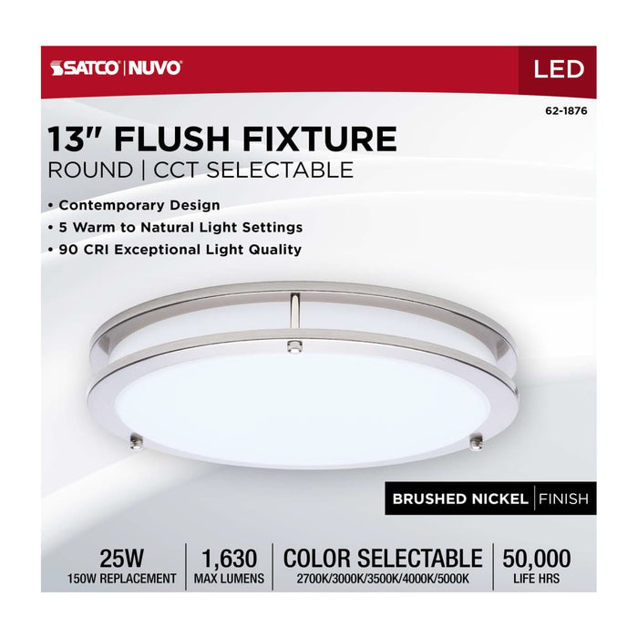 Flush Mount Nuvo 62-1876 Glamour - LED 13 Inch Flush Mount - Brushed Nickel Finish - 27K/3K/35K/4K/5K CCT Selectable Nuvo