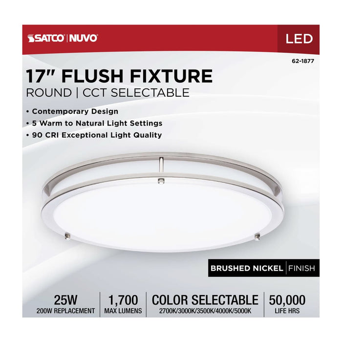 Flush Mount Nuvo 62-1877 Glamour - LED 17 Inch Flush Mount - Brushed Nickel Finish - 27K/3K/35K/4K/5K CCT Selectable Nuvo