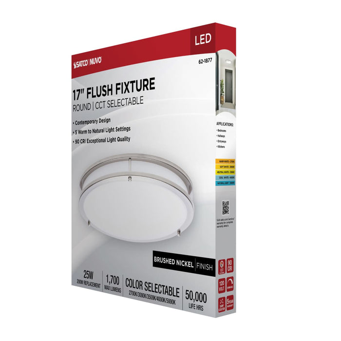 Flush Mount Nuvo 62-1877 Glamour - LED 17 Inch Flush Mount - Brushed Nickel Finish - 27K/3K/35K/4K/5K CCT Selectable Nuvo