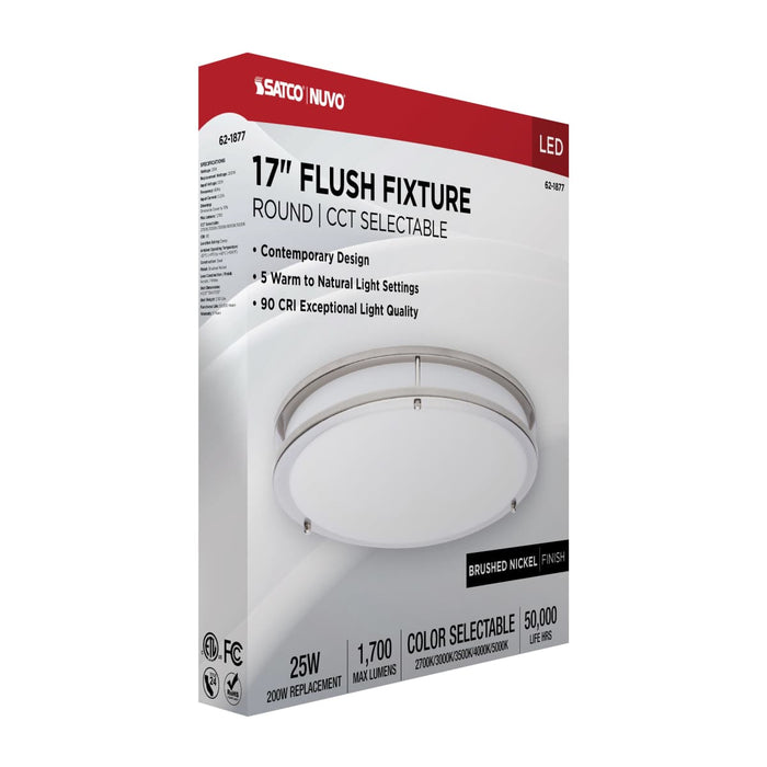 Flush Mount Nuvo 62-1877 Glamour - LED 17 Inch Flush Mount - Brushed Nickel Finish - 27K/3K/35K/4K/5K CCT Selectable Nuvo