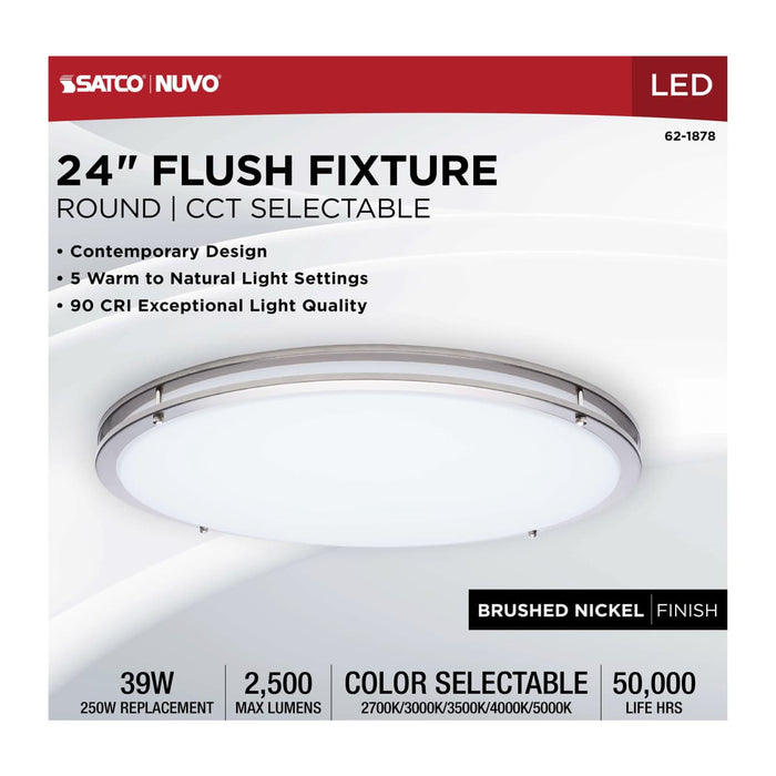 Flush Mount Nuvo 62-1878 Glamour - LED 24 Inch Flush Mount - Brushed Nickel Finish - 27K/3K/35K/4K/5K CCT Selectable Nuvo