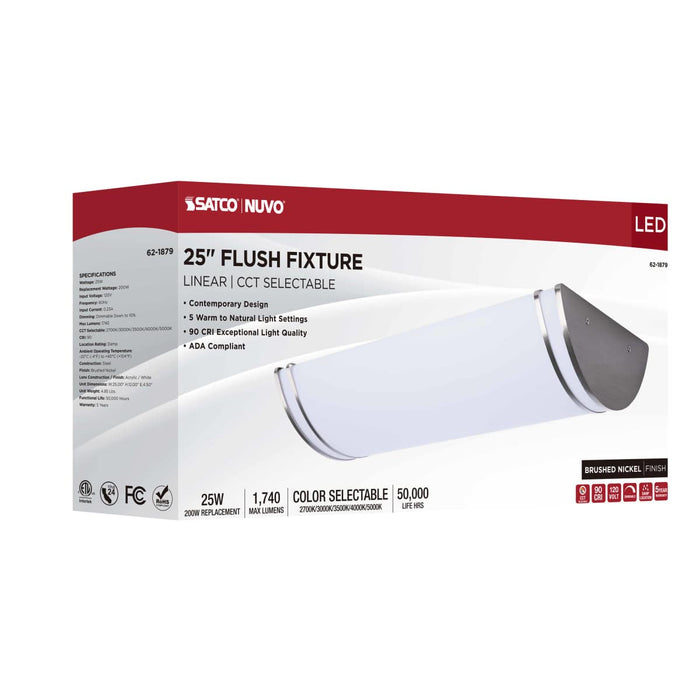 Flush Mount Nuvo 62-1879 Glamour - LED 25 Inch Linear Flush Mount - Brushed Nickel Finish - 27K/3K/35K/4K/5K CCT Selectable Nuvo
