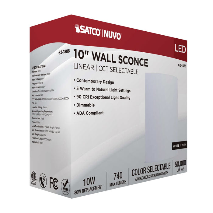 Sconce Nuvo 62-1886 Crispo - LED Wall Sconce - White Finish - 27K/3K/35K/4K/5K CCT Selectable Nuvo
