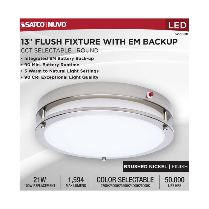Flush Mount Nuvo 62-1890 Glamour - 13 Inch LED Flush Mount - Emergency Battery - CCT Selectable - Brushed Nickel Finish Nuvo