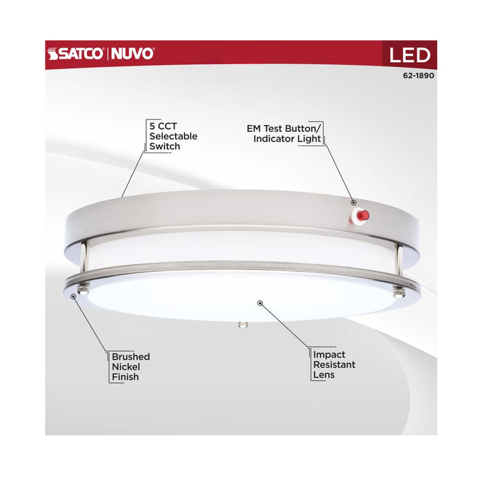 Flush Mount Nuvo 62-1890 Glamour - 13 Inch LED Flush Mount - Emergency Battery - CCT Selectable - Brushed Nickel Finish Nuvo
