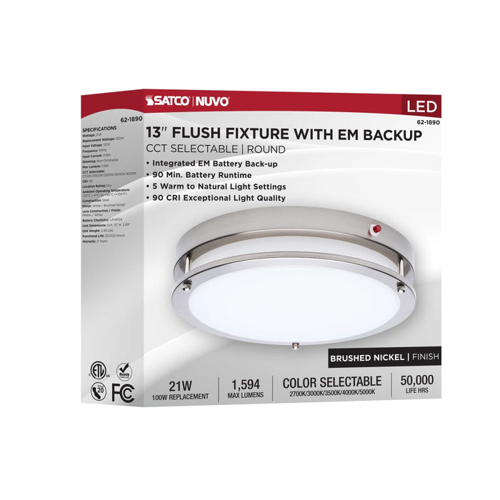 Flush Mount Nuvo 62-1890 Glamour - 13 Inch LED Flush Mount - Emergency Battery - CCT Selectable - Brushed Nickel Finish Nuvo