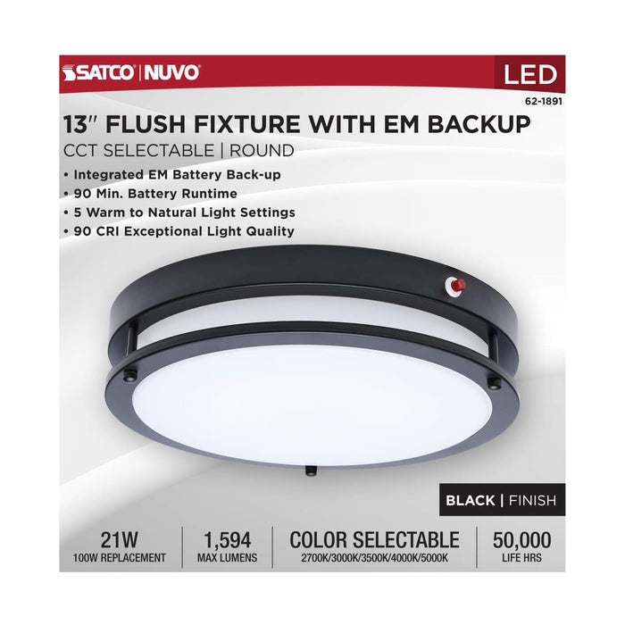 Flush Mount Nuvo 62-1891 Glamour - 13 Inch LED Flush Mount - Emergency Battery - CCT Selectable - Black Finish Nuvo