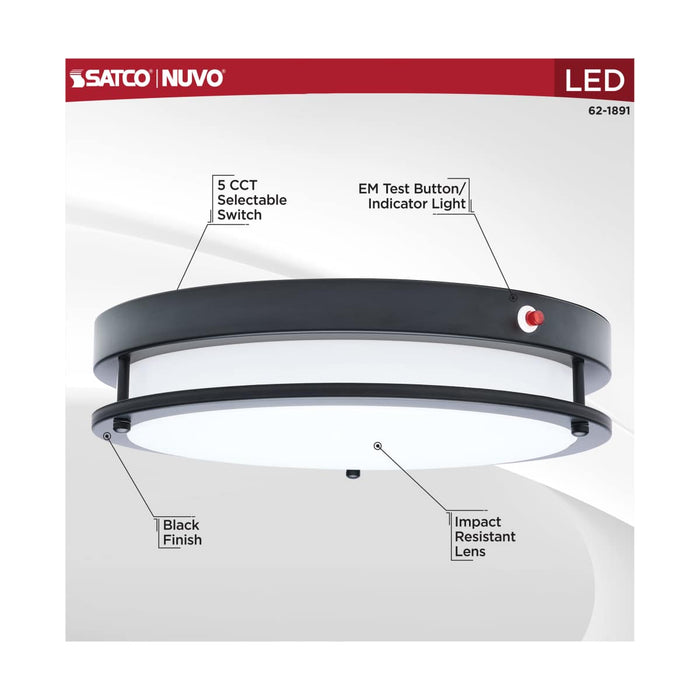 Flush Mount Nuvo 62-1891 Glamour - 13 Inch LED Flush Mount - Emergency Battery - CCT Selectable - Black Finish Nuvo