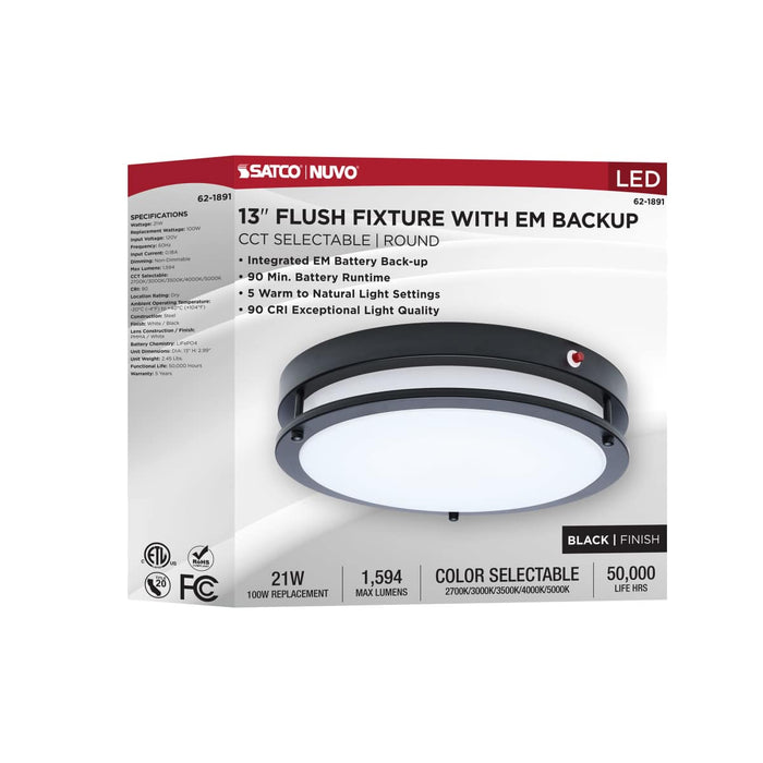 Flush Mount Nuvo 62-1891 Glamour - 13 Inch LED Flush Mount - Emergency Battery - CCT Selectable - Black Finish Nuvo