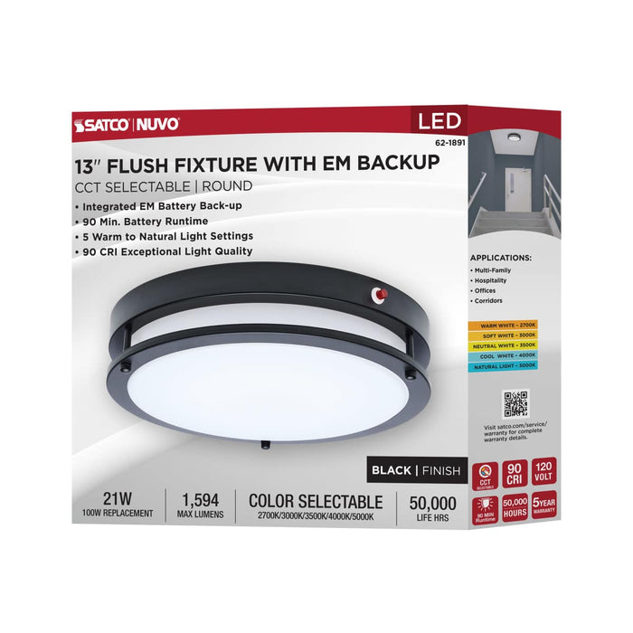 Flush Mount Nuvo 62-1891 Glamour - 13 Inch LED Flush Mount - Emergency Battery - CCT Selectable - Black Finish Nuvo