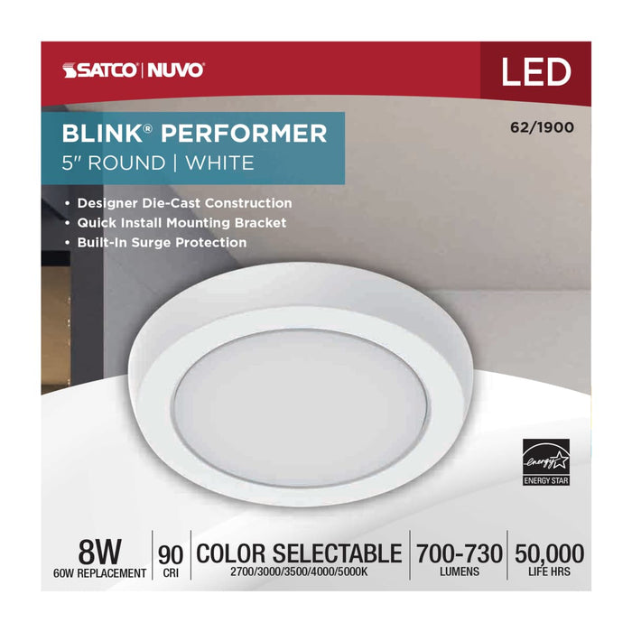 Flush Mount Nuvo 62-1900 Blink Performer - 8 Watt LED - 5 Inch Round Fixture - White Finish - 5 CCT Selectable Nuvo
