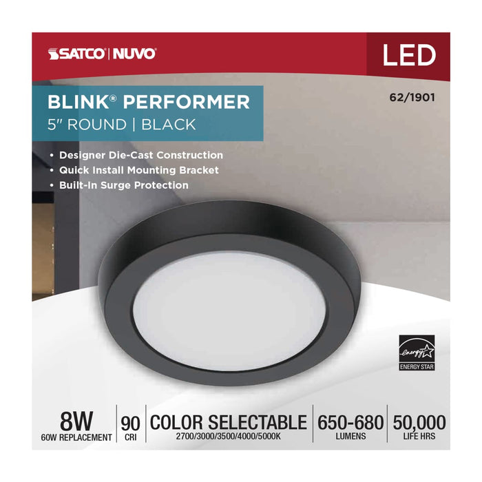 Flush Mount Nuvo 62-1901 Blink Performer - 8 Watt LED - 5 Inch Round Fixture - Black Finish - 5 CCT Selectable Nuvo