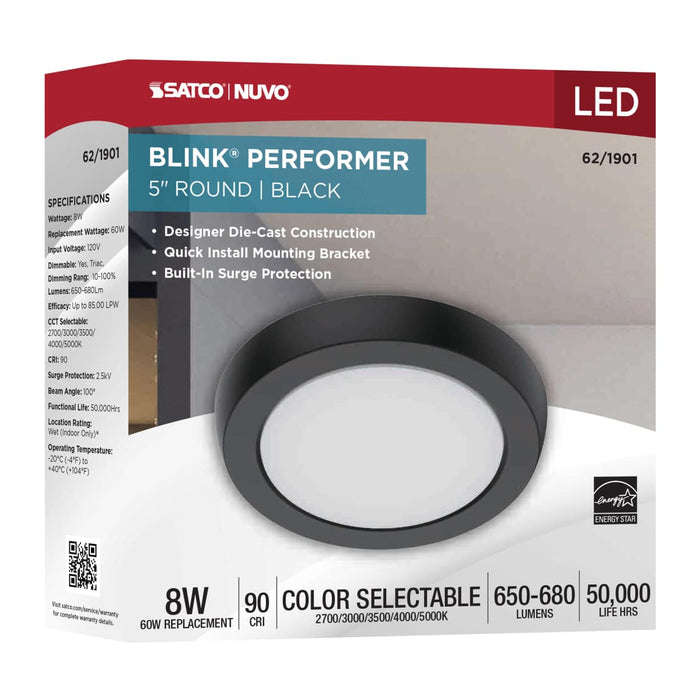 Flush Mount Nuvo 62-1901 Blink Performer - 8 Watt LED - 5 Inch Round Fixture - Black Finish - 5 CCT Selectable Nuvo