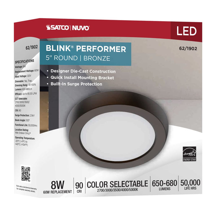 Flush Mount Nuvo 62-1902 Blink Performer - 8 Watt LED - 5 Inch Round Fixture - Bronze Finish - 5 CCT Selectable Nuvo