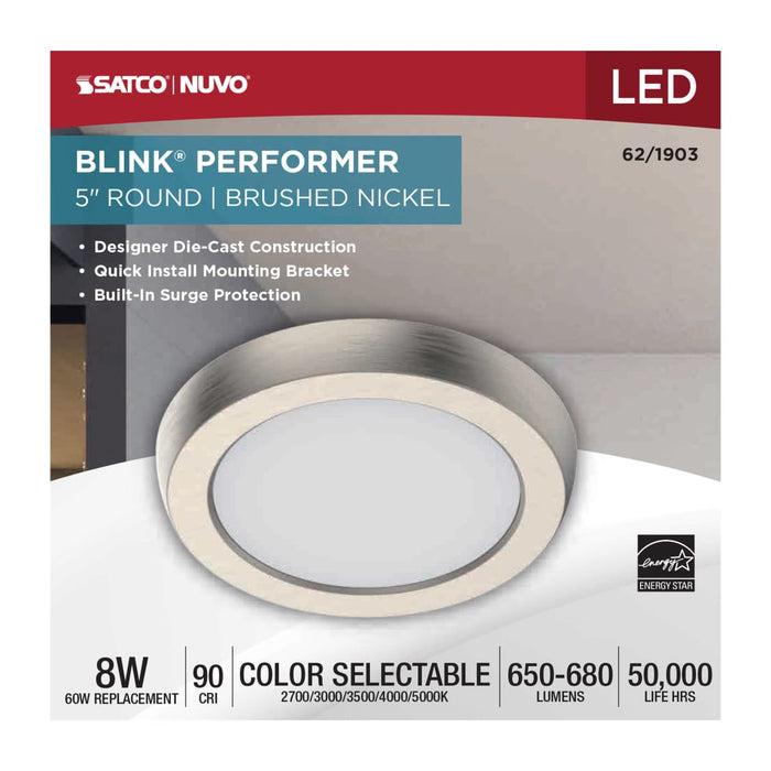 Flush Mount Nuvo 62-1903 Blink Performer - 8 Watt LED - 5 Inch Round Fixture - Brushed Nickel Finish - 5 CCT Selectable Nuvo