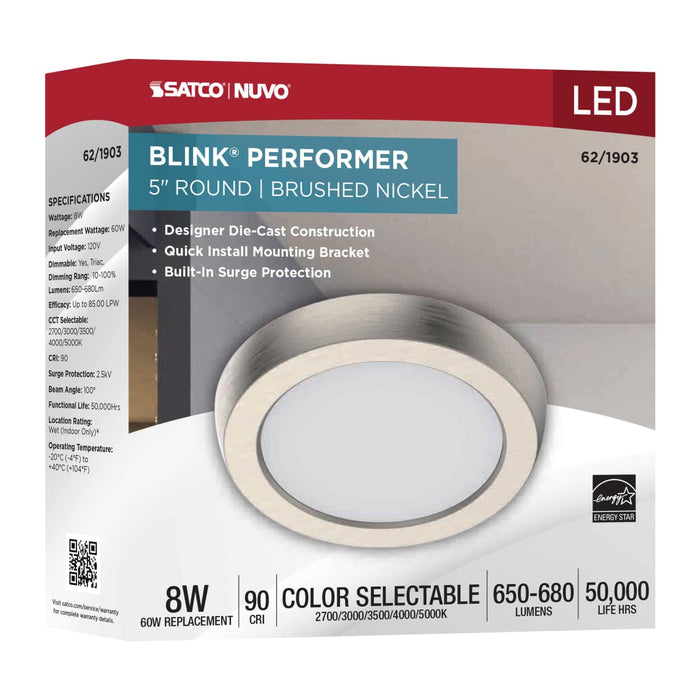 Flush Mount Nuvo 62-1903 Blink Performer - 8 Watt LED - 5 Inch Round Fixture - Brushed Nickel Finish - 5 CCT Selectable Nuvo