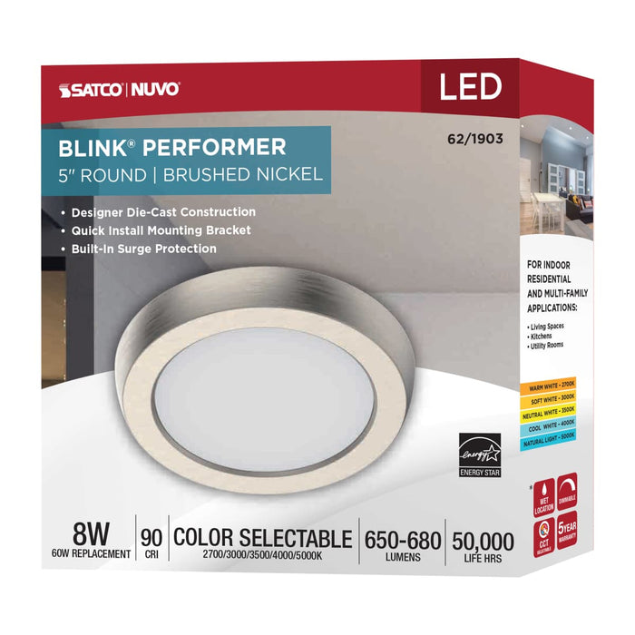 Flush Mount Nuvo 62-1903 Blink Performer - 8 Watt LED - 5 Inch Round Fixture - Brushed Nickel Finish - 5 CCT Selectable Nuvo