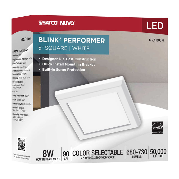 Flush Mount Nuvo 62-1904 Blink Performer - 8 Watt LED - 5 Inch Square Fixture - White Finish - 5 CCT Selectable Nuvo