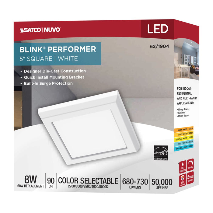 Flush Mount Nuvo 62-1904 Blink Performer - 8 Watt LED - 5 Inch Square Fixture - White Finish - 5 CCT Selectable Nuvo