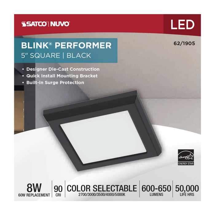 Flush Mount Nuvo 62-1905 Blink Performer - 8 Watt LED - 5 Inch Square Fixture - Black Finish - 5 CCT Selectable Nuvo