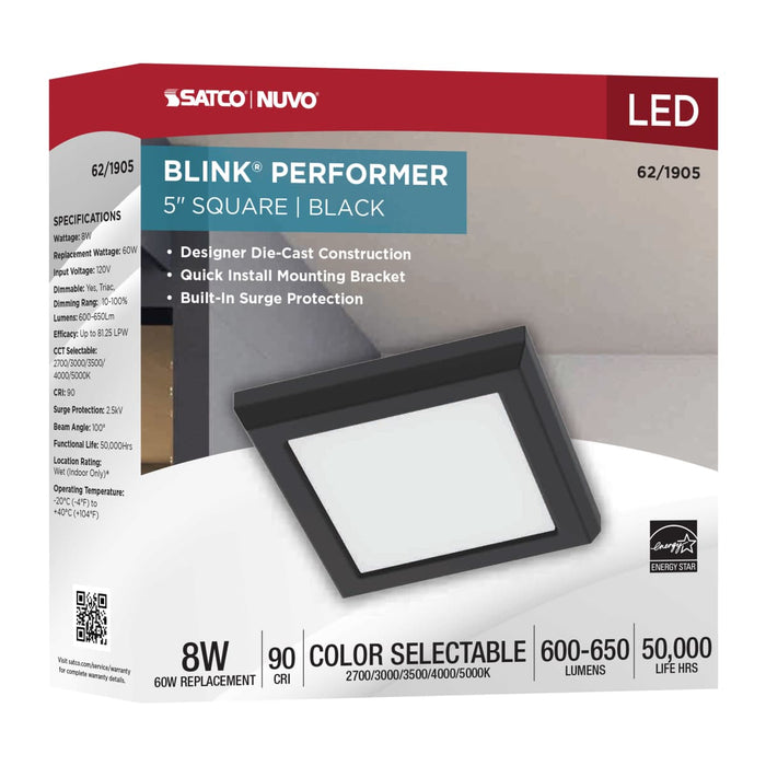 Flush Mount Nuvo 62-1905 Blink Performer - 8 Watt LED - 5 Inch Square Fixture - Black Finish - 5 CCT Selectable Nuvo