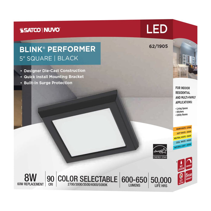 Flush Mount Nuvo 62-1905 Blink Performer - 8 Watt LED - 5 Inch Square Fixture - Black Finish - 5 CCT Selectable Nuvo