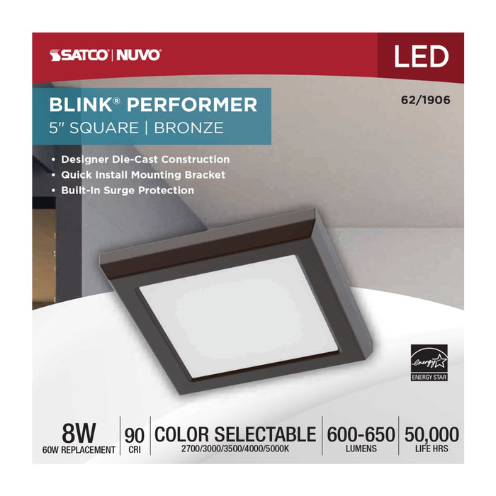 Flush Mount Nuvo 62-1906 Blink Performer - 8 Watt LED - 5 Inch Square Fixture - Bronze Finish - 5 CCT Selectable Nuvo