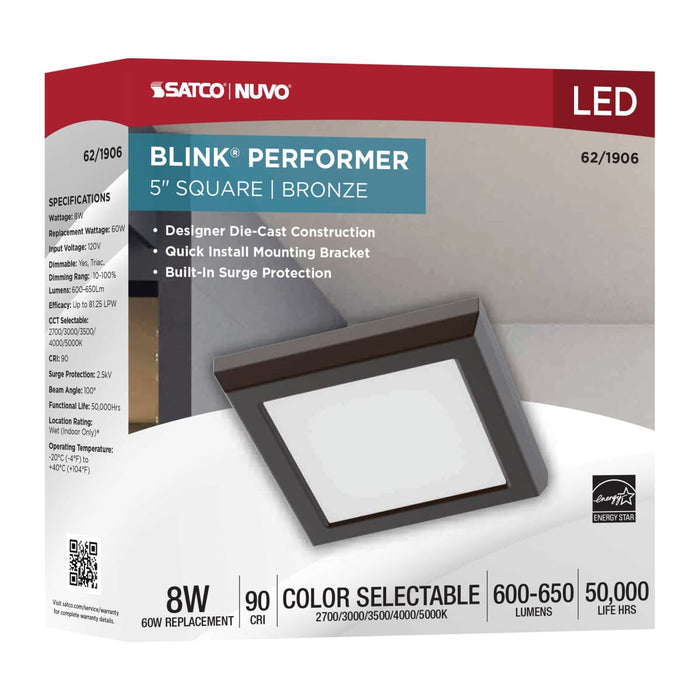 Flush Mount Nuvo 62-1906 Blink Performer - 8 Watt LED - 5 Inch Square Fixture - Bronze Finish - 5 CCT Selectable Nuvo