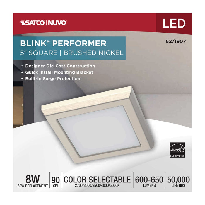 Flush Mount Nuvo 62-1907 Blink Performer - 8 Watt LED - 5 Inch Square Fixture - Brushed Nickel Finish - 5 CCT Selectable Nuvo