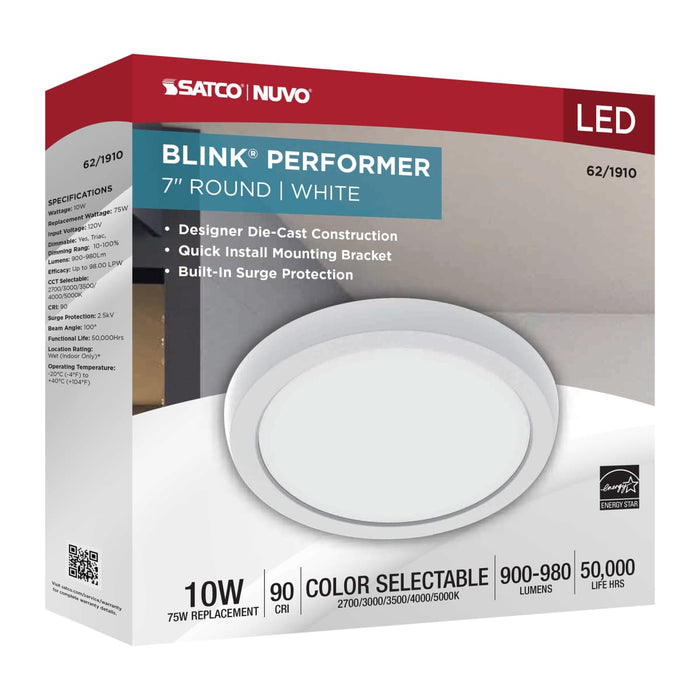 Flush Mount Nuvo 62-1910 Blink Performer - 10 Watt LED - 7 Inch Round Fixture - White Finish - 5 CCT Selectable Nuvo